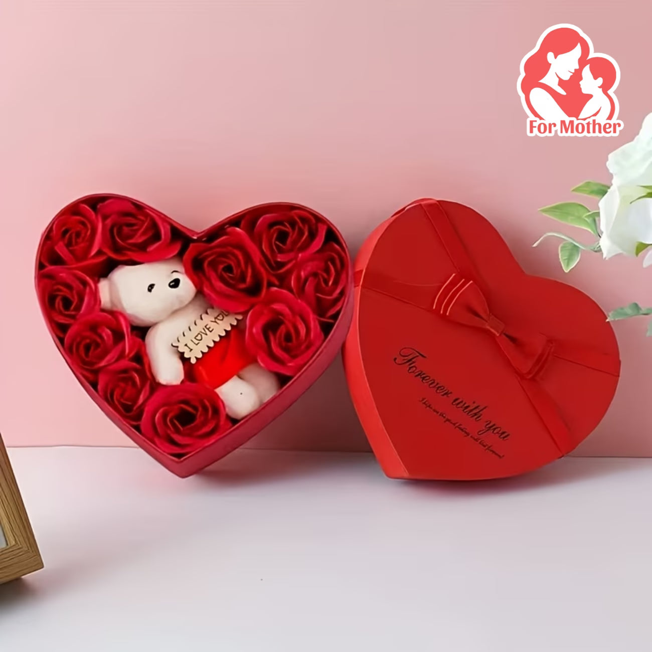 10 Trandafiri Roșii cu Ursuleț Teddy în Cutie Inimă + Panglică ‘Te Iubesc’