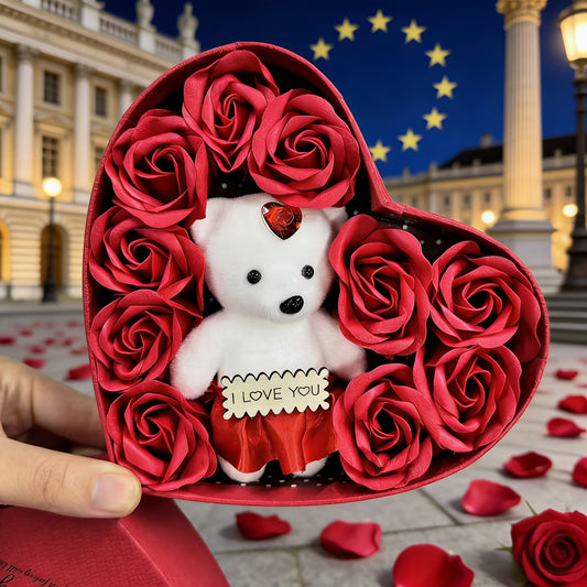 10 Trandafiri Roșii cu Ursuleț Teddy în Cutie Inimă + Panglică ‘Te Iubesc’