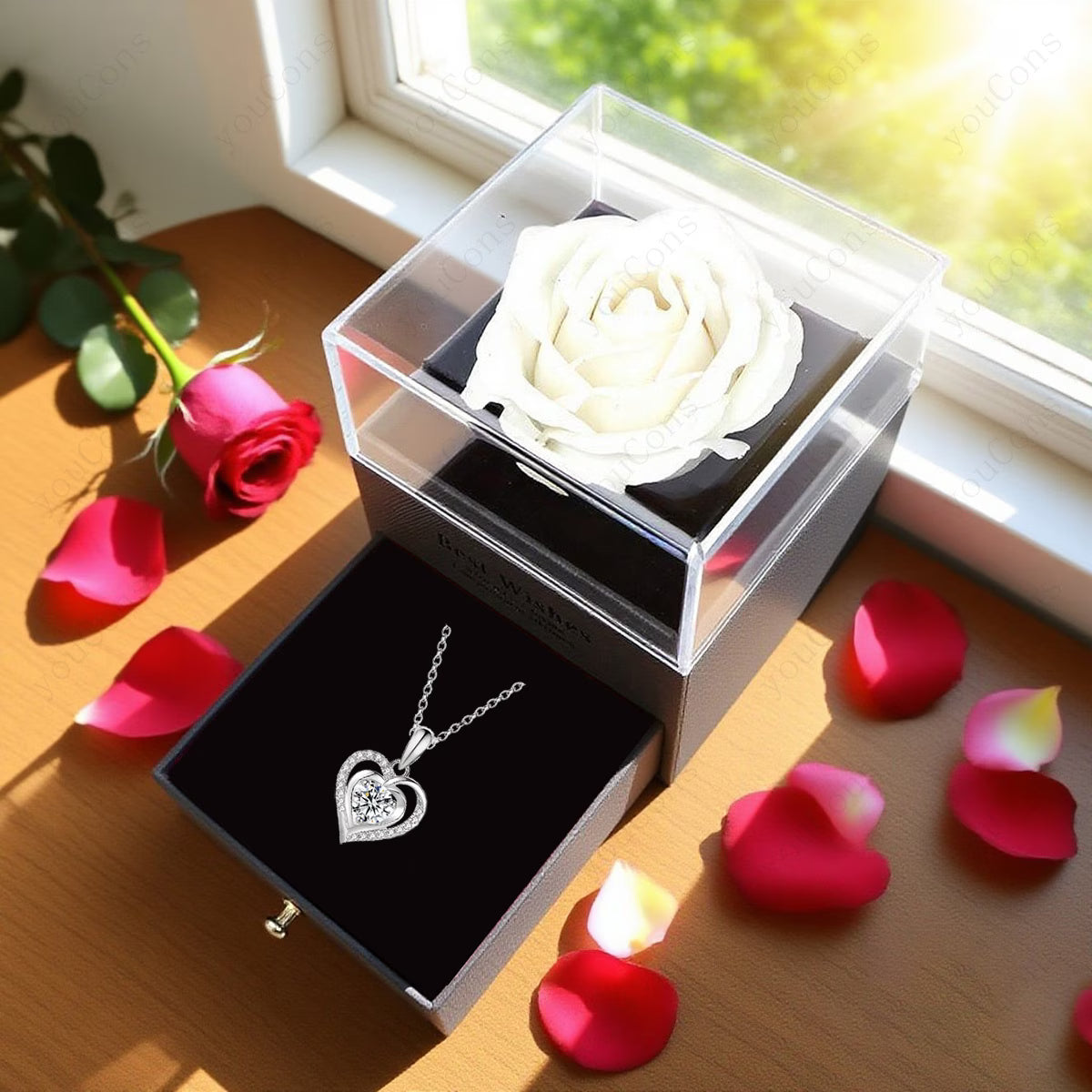 Set Cadou Romantic – Trandafiri Albi cu Colier Inimă din Piatră Norocoasă