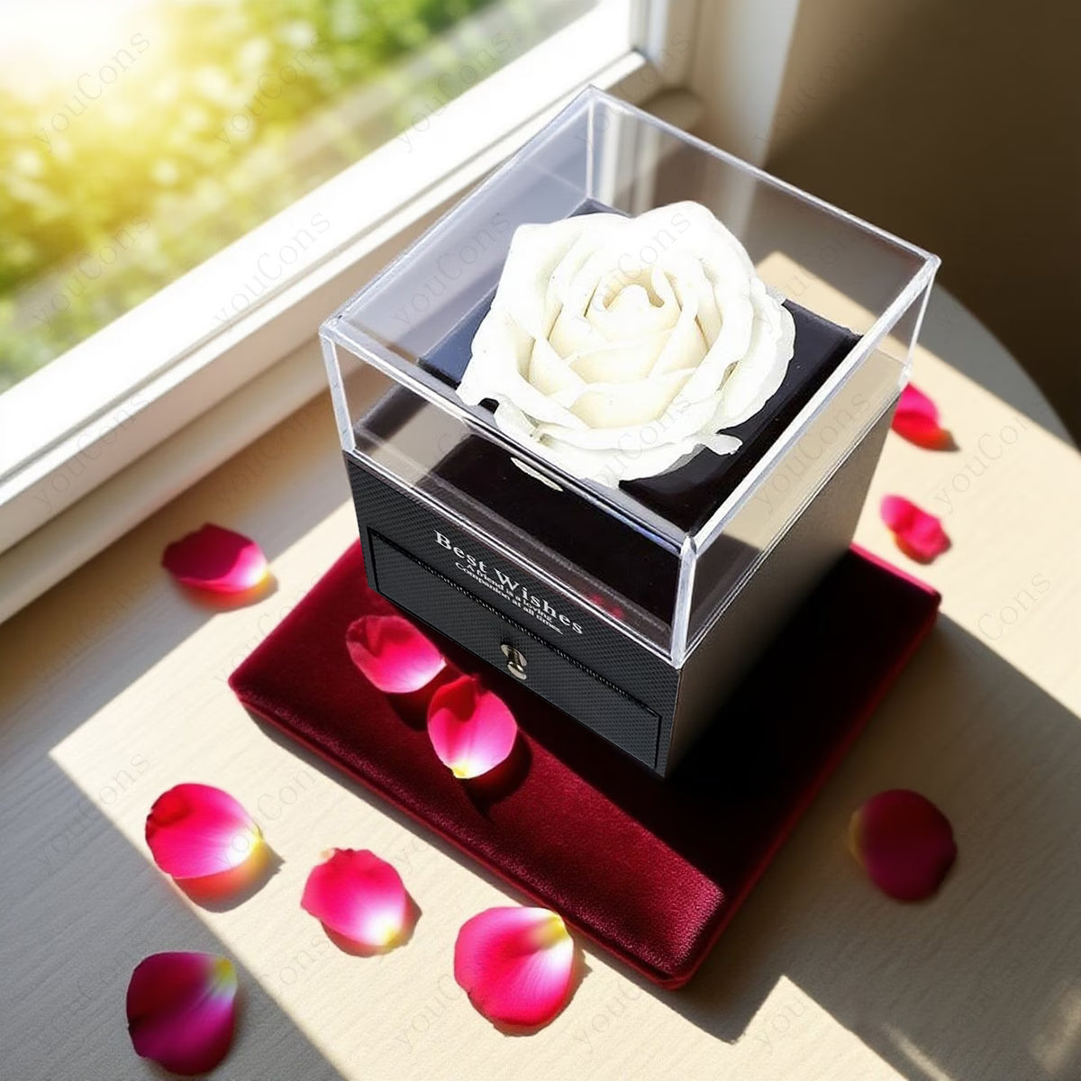 Set Cadou Romantic – Trandafiri Albi cu Colier Inimă din Piatră Norocoasă