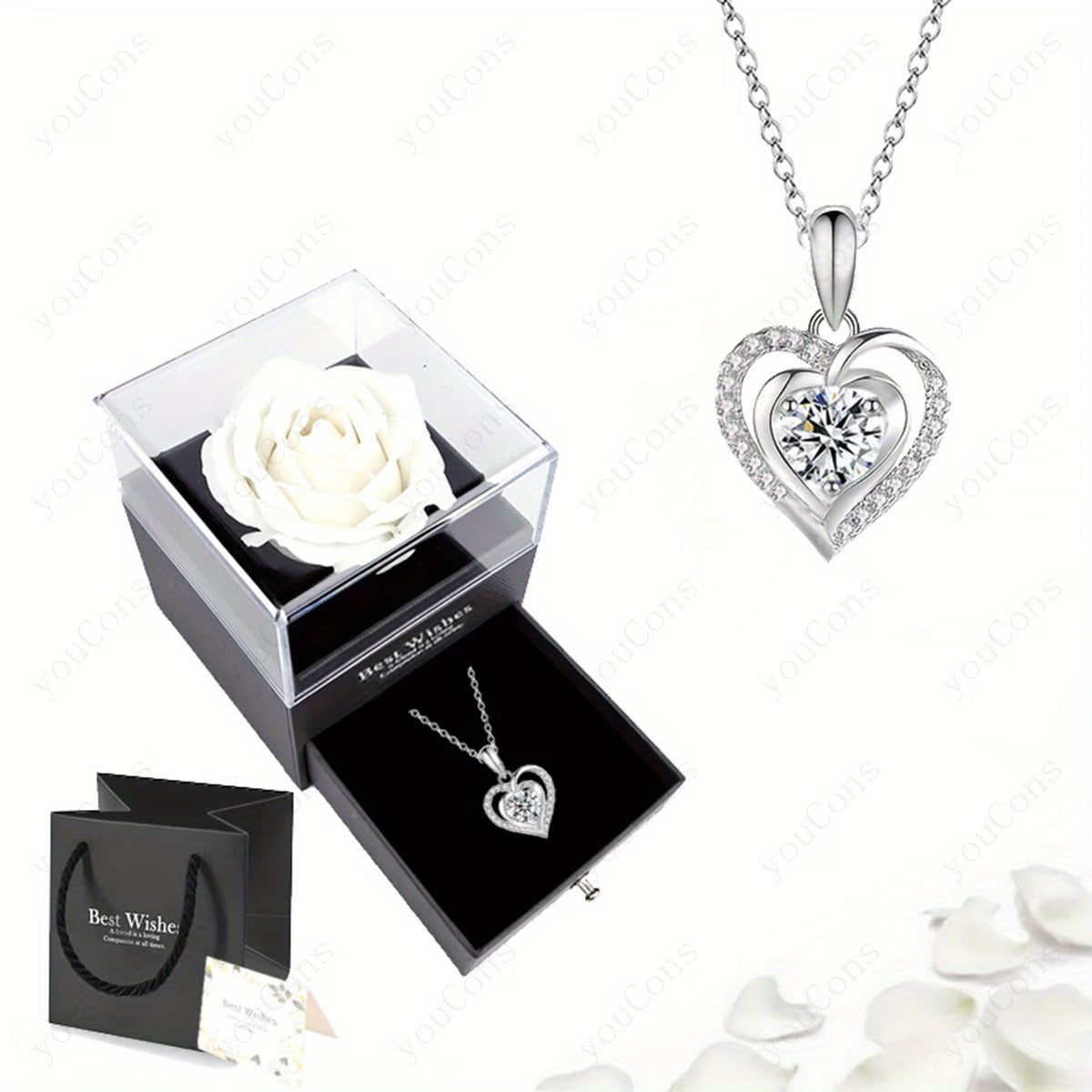 Set Cadou Romantic – Trandafiri Albi cu Colier Inimă din Piatră Norocoasă