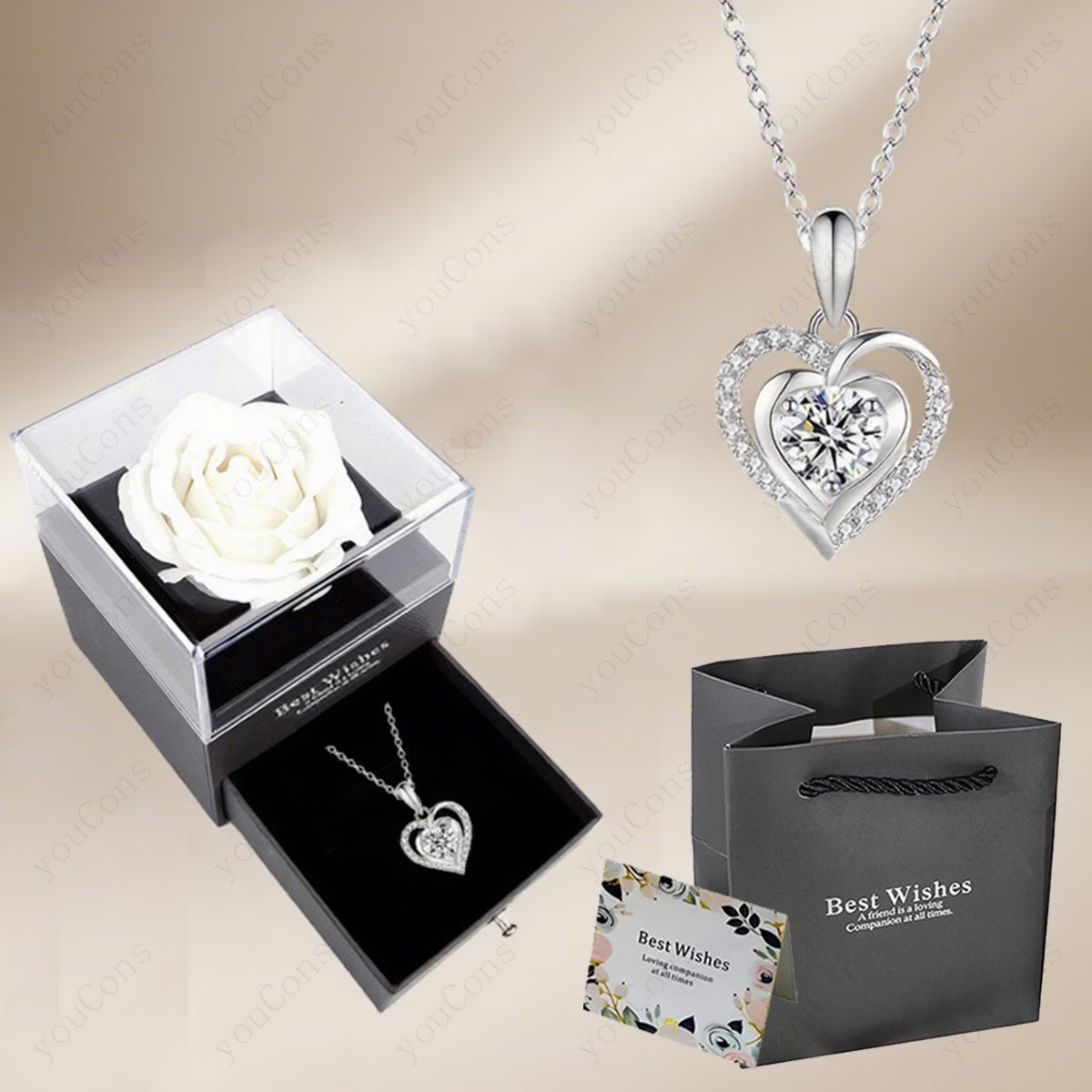 Set Cadou Romantic – Trandafiri Albi cu Colier Inimă din Piatră Norocoasă